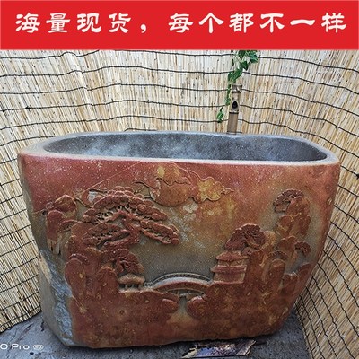 天然整块石材砚石洗手盆庭院B花园复古石雕花洗衣池艺术水槽