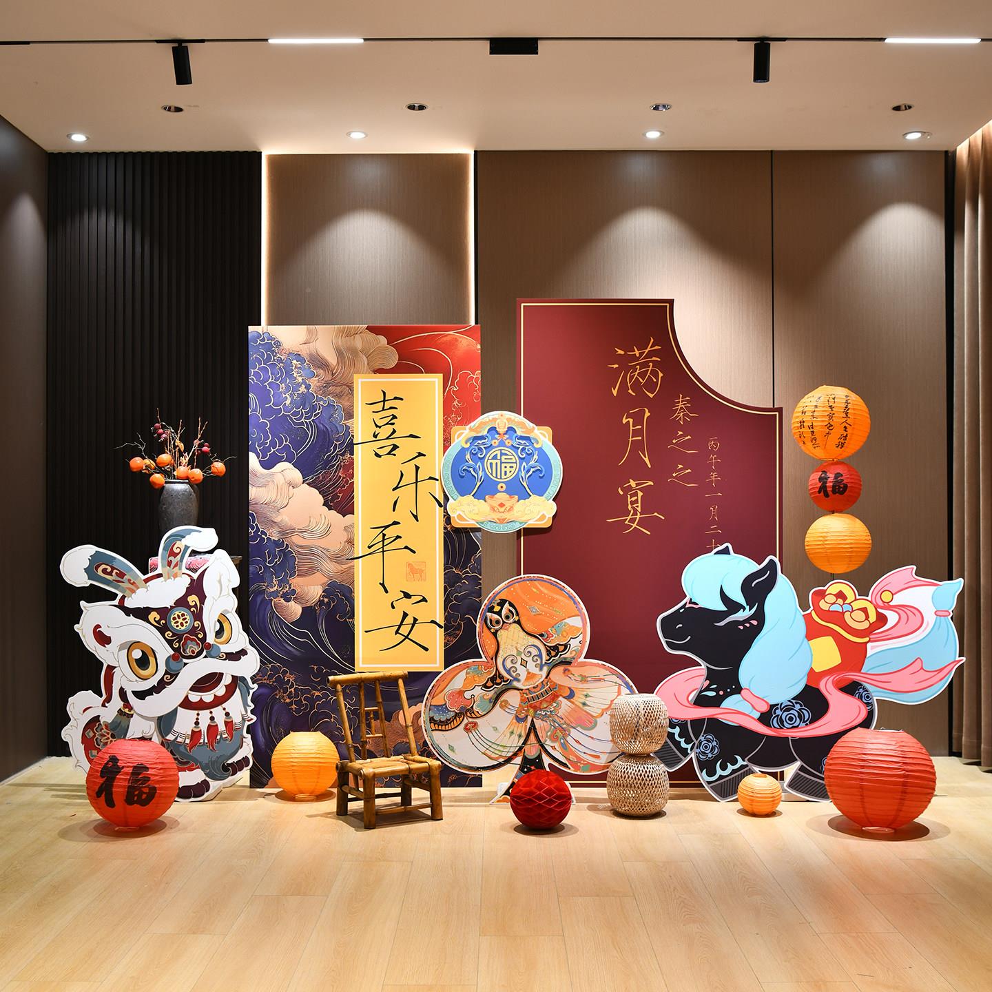 中式马宝宝30天月布置感装宴饰家里氛围满仪式拍照道具背景墙kt板