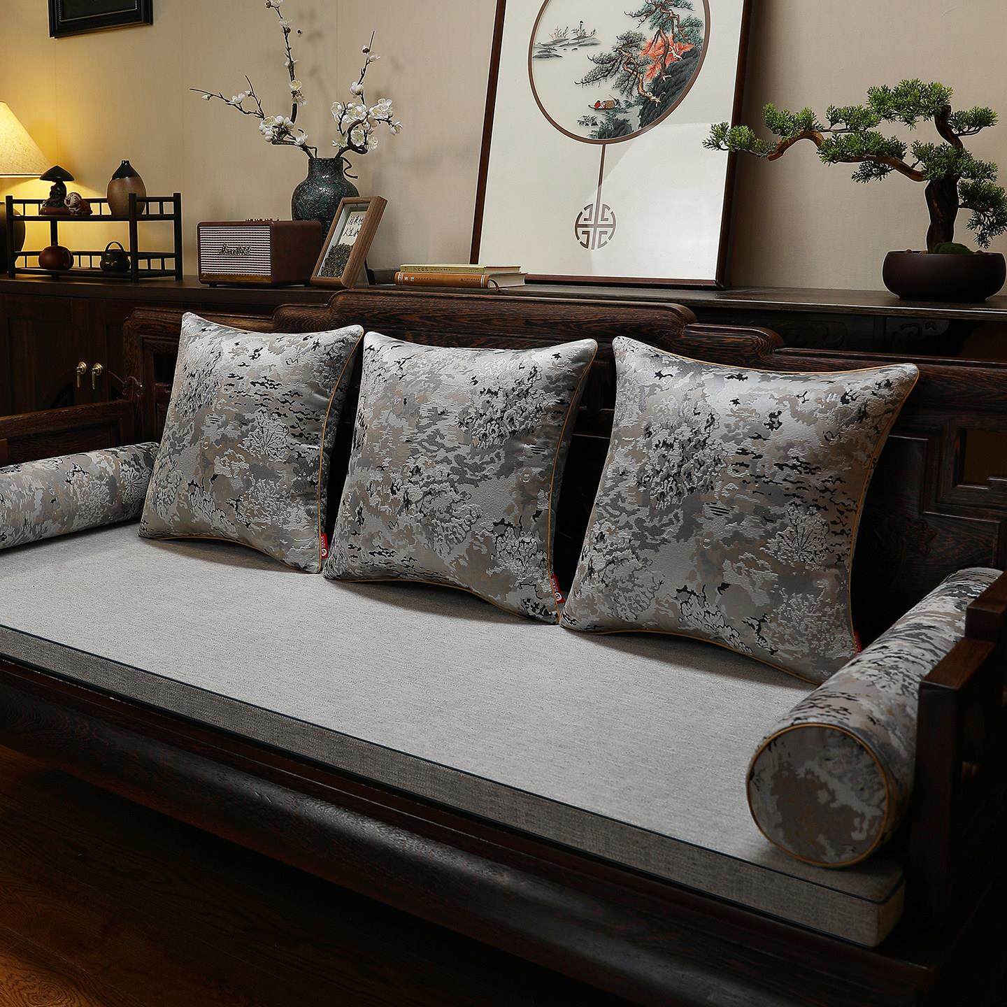 新沙中式罗红沙发坐垫定制实木家具发垫罩套高级汉墨染林影床五木