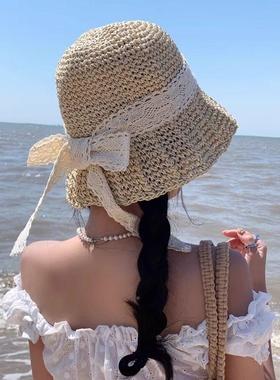 帽发一彷真发网子ZEN假红渔夫草帽女蕾丝沙滩清新度体假防晒遮阳