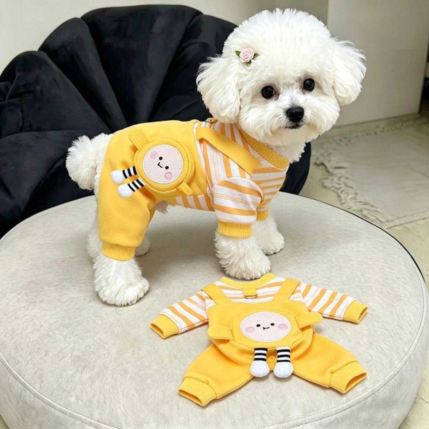 狗狗衣服秋冬季可爱蛋仔条纹背带四脚裤小型犬比熊泰迪牵引四脚衣