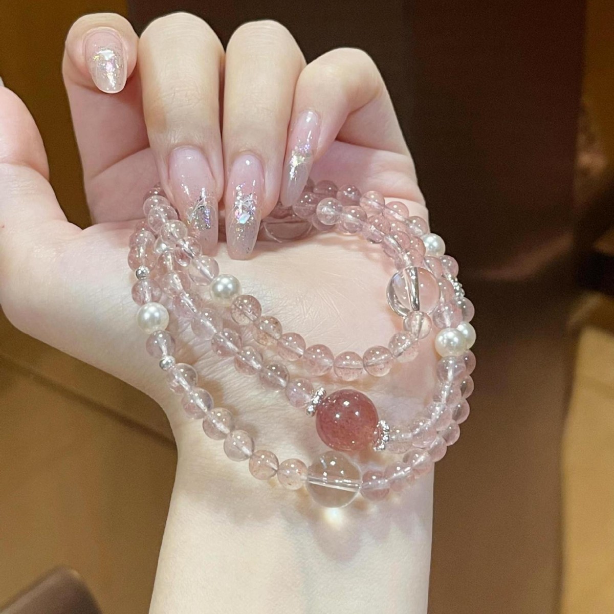 天然正品草莓晶手串三圈水晶手链女款小众原创设计ins显白清新