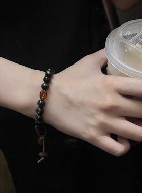 天然黑曜石手串单圈男款生日礼物8mm黑色圆珠小众ins情侣手链高级