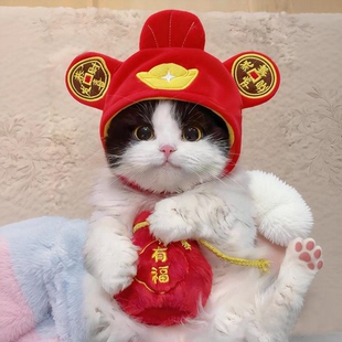 猫咪狗狗招财帽子新年财神帽宠物头套保暖拍照道具搞怪帽春节配饰
