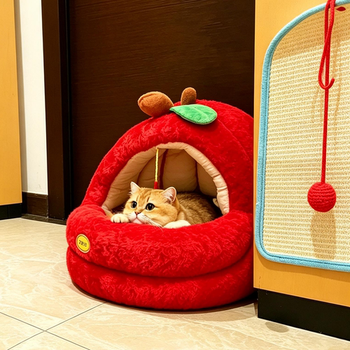 猫窝苹果半封闭式秋冬保暖加厚中小型犬苹果造型毛绒狗窝猫狗别墅