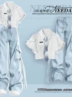 2025夏季新款火爆时尚套装女超短款短袖T恤+蓝色工装裤两件套