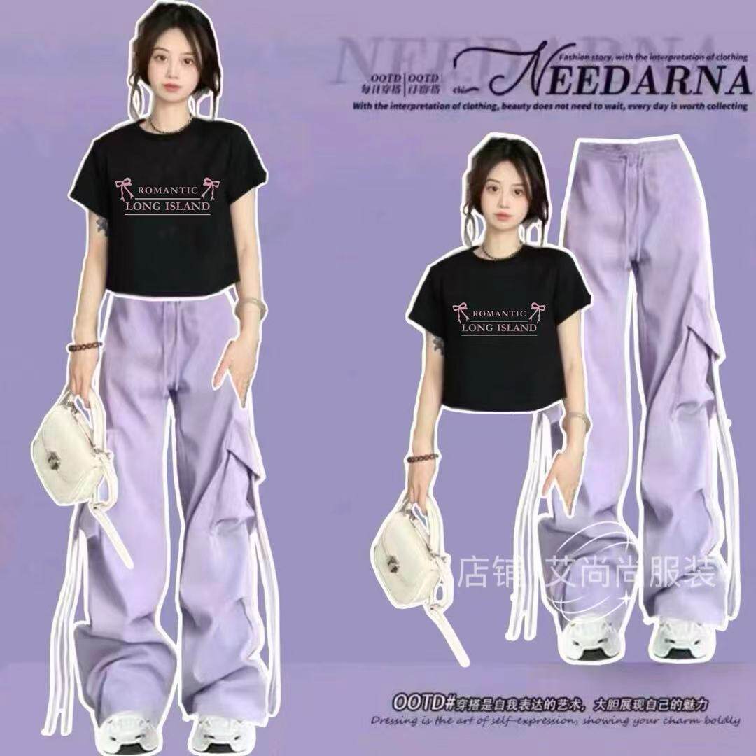 酷飒黑色套装女夏短袖上衣阔腿裤两件套运动穿搭街舞风