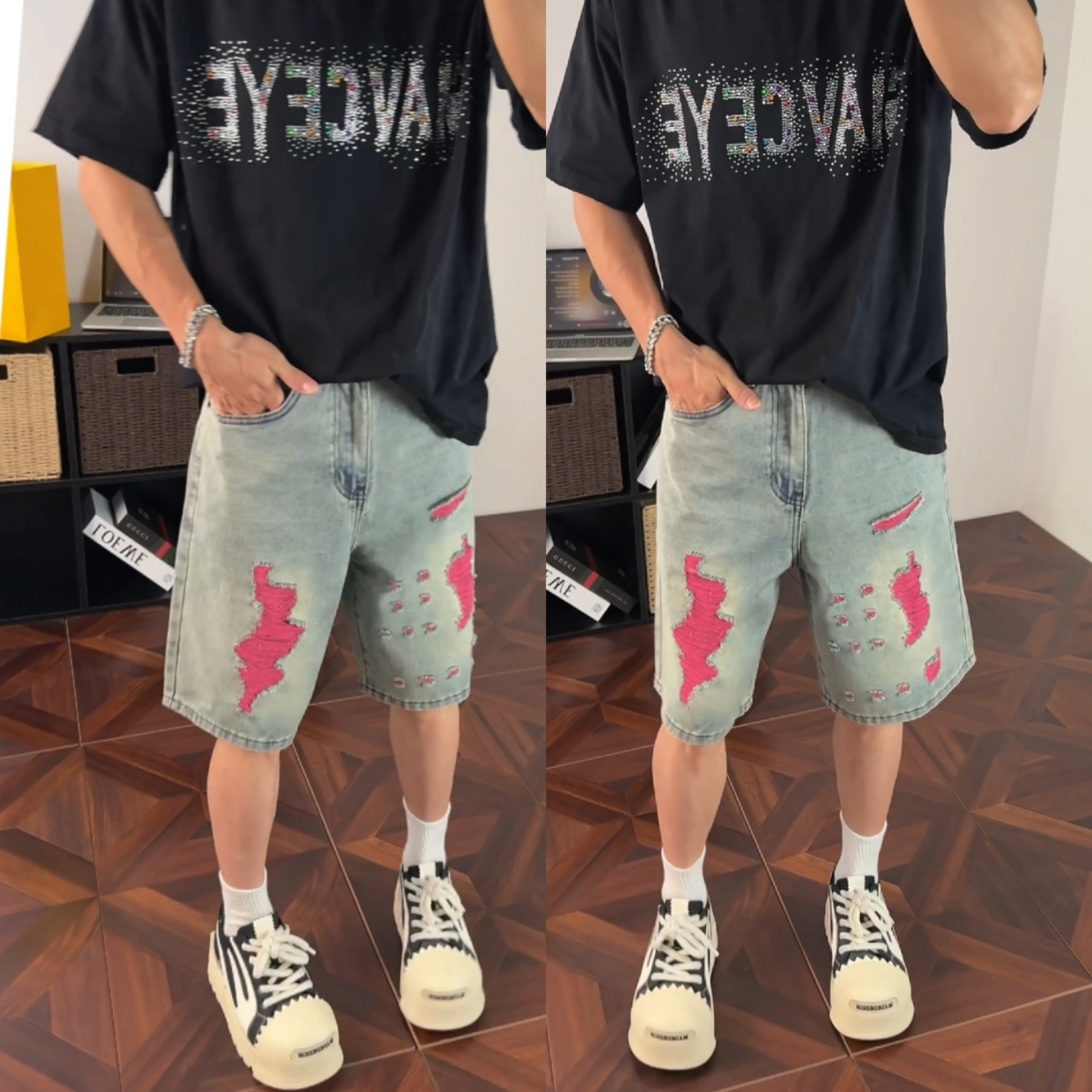 男夏季新款美式高级潮牌闪电破洞流苏水洗牛仔短裤宽松直筒五分裤