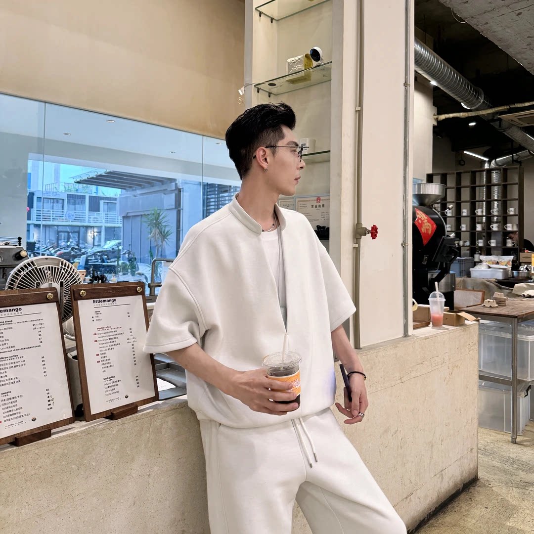 春夏新款高品质时尚潮流百搭纯色男士休闲短袖假两件卫衣卫裤套装