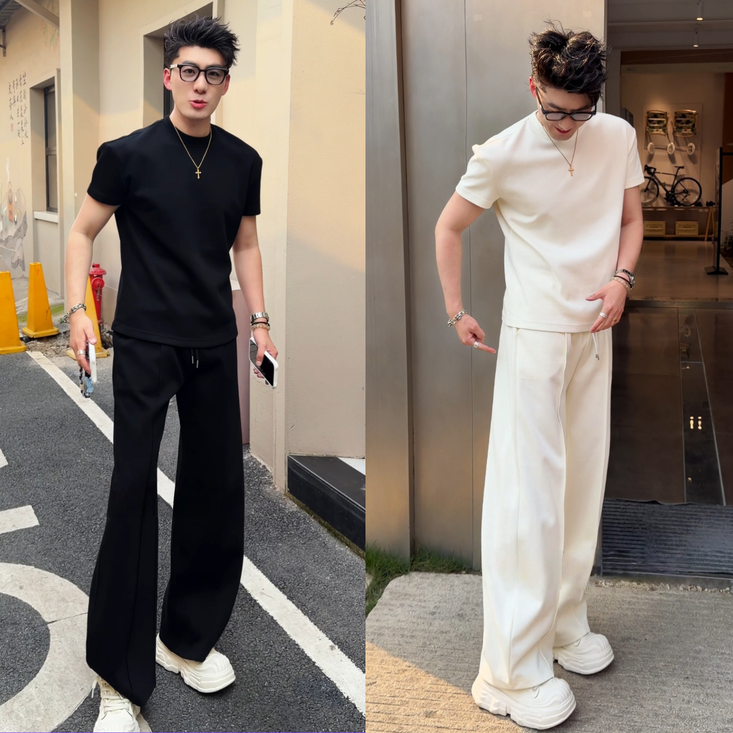 男士纯色休闲夏季新品简约半高领正肩短袖宽松直筒长裤时尚套装潮