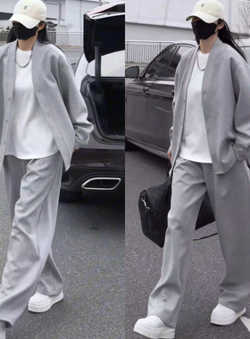 简约休闲风格灰色长袖开衫长裤套装男士2026年春季新款时尚两件套