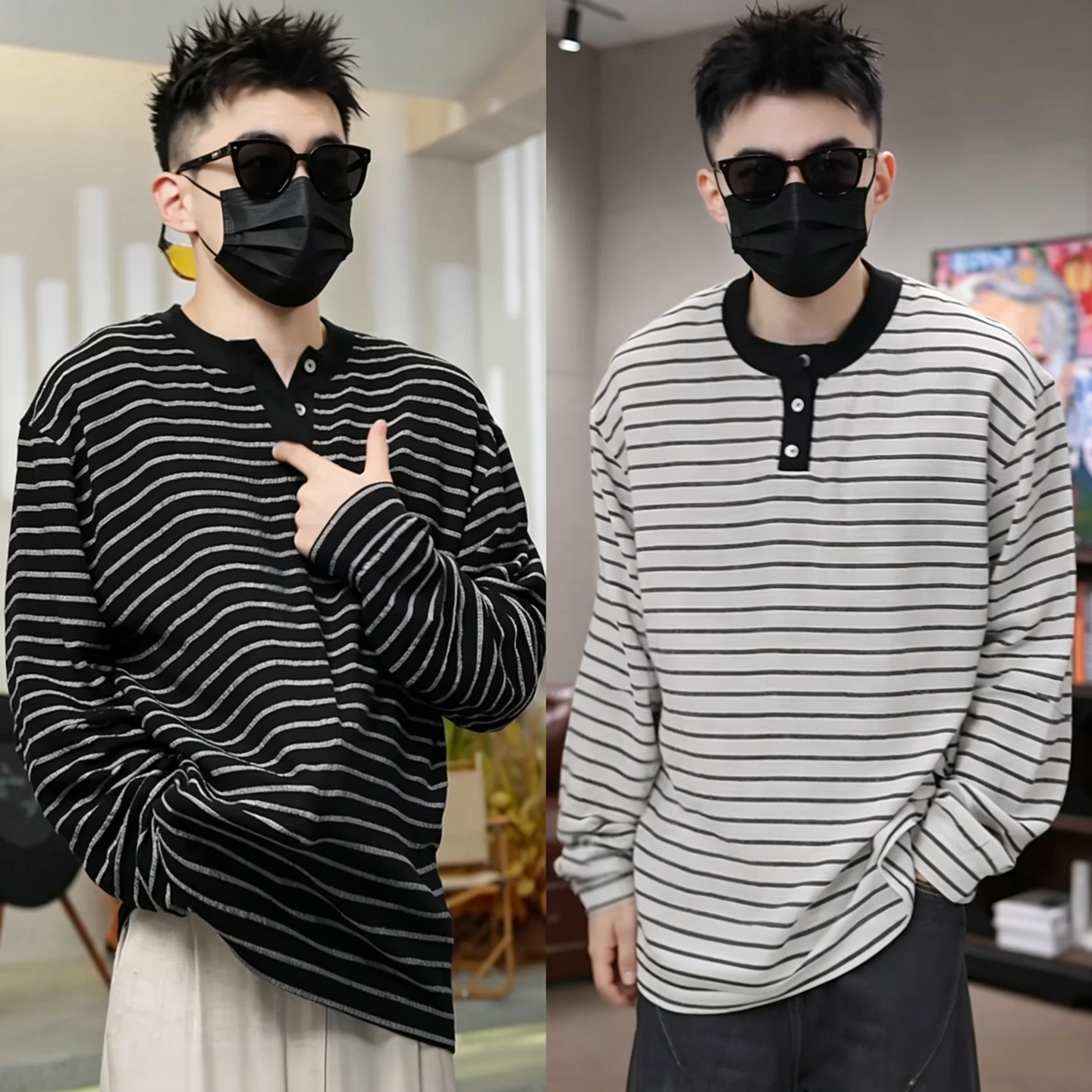 慵懒随意个性时尚条纹撞色休闲百搭2026早秋新款男士长袖打底小衫