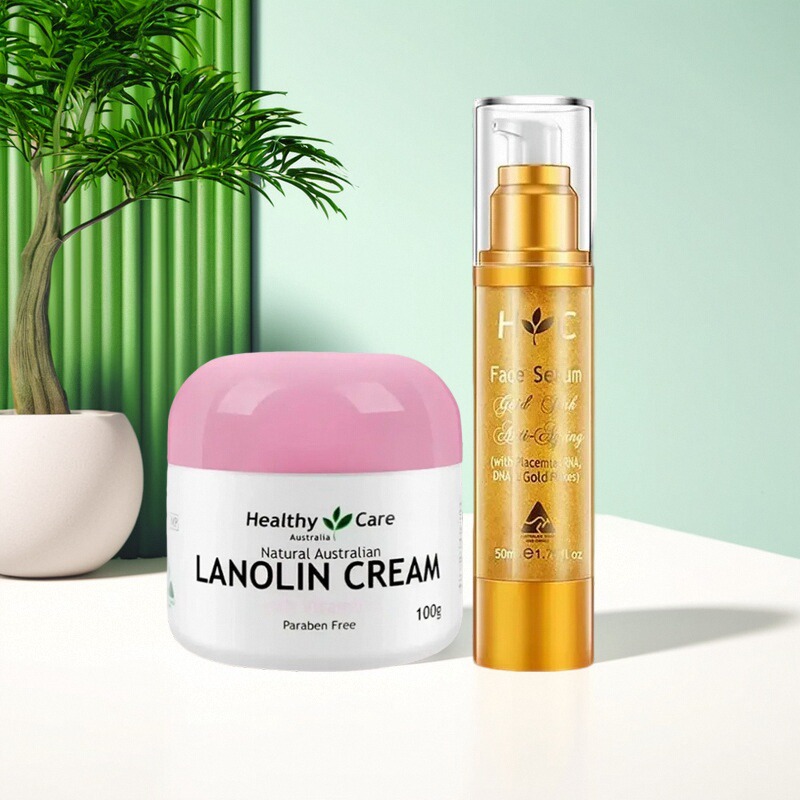 澳洲Healthy care羊胎素金箔面部精华hc绵羊油VE面霜套装淡化细纹