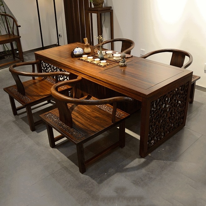 君和新中式全实木茶桌非洲黑檀木茶台爱里古夷苏木泡茶几檀风家具