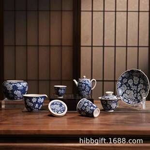 霖松堂陶瓷茶具草木灰手绘青花万花系列泡茶壶公杯壶承茶杯盖碗