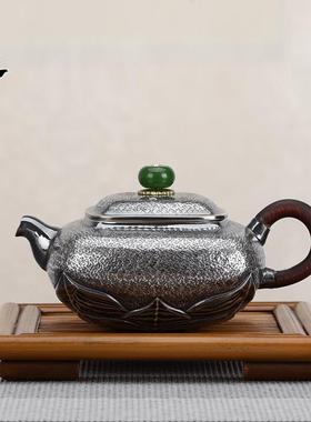 典工堂银茶壶四方莲花泡茶壶纯手工一张打足银家用茶具沏茶器