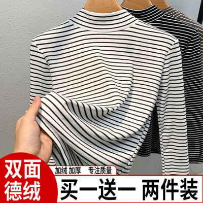 条纹德绒半高领打底衫女2025新款