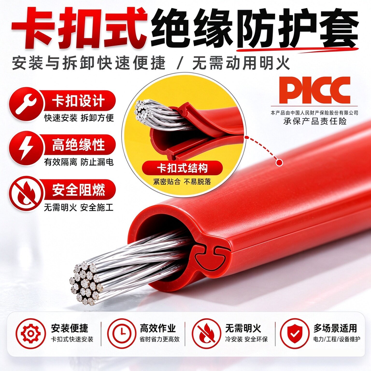 防火阻燃卡扣式高压电线保护绝缘护套电缆裸导线开口硅胶绝缘套管