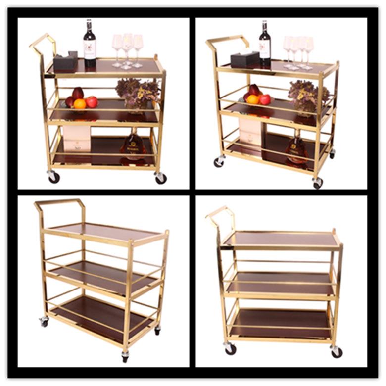 厂家不锈钢送餐车酒店三层酒水车饭店KTV钢木茶水甜品蛋糕车