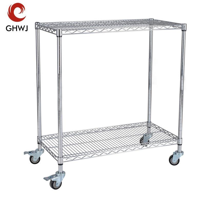 二层置物架周转带轮不锈钢镀铬线网格多功能静音防静电双层小推车