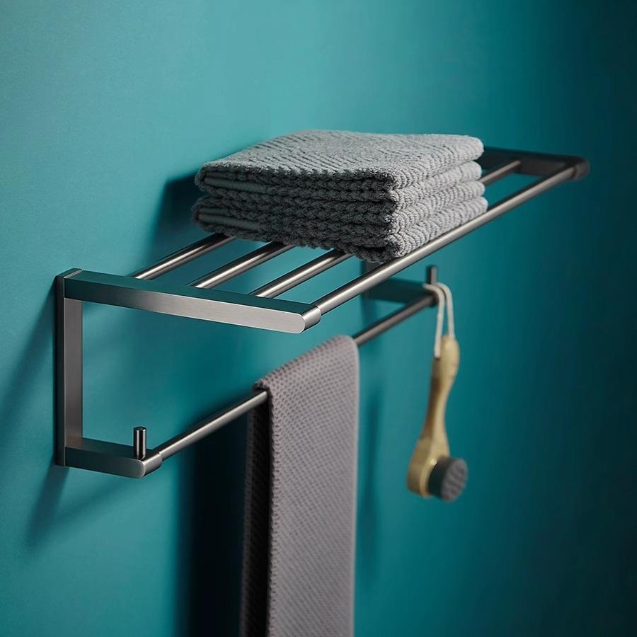 全铜枪灰毛巾架带单杆挂钩卫生间浴袍衣物置物架浴室双层浴巾架