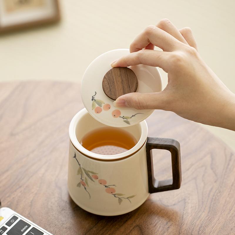 复古茶杯陶瓷办公杯手绘柿子茶杯茶水分离泡茶杯高档马克杯带过滤
