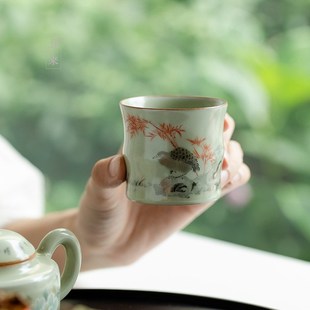 陶瓷p主人杯喝茶杯专用茶杯家用功夫茶具品茗杯子 秘黄汝窑中式