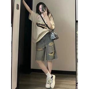 夏季 大碼 女短褲 中褲 復古毛邊破洞牛仔褲 高腰水洗寬松直筒五分