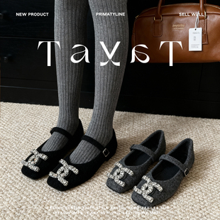 小香风灰色系毛呢水钻中跟方头玛丽珍鞋女鞋2025秋冬加绒单鞋瓢鞋