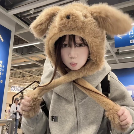 会动毛茸茸小狗狗耳朵帽子女冬季加厚保暖显脸小雷锋帽护耳围巾潮