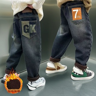 男童一体绒裤子儿童加绒牛仔裤冬加厚2025爆款直筒男孩秋薄绒童装