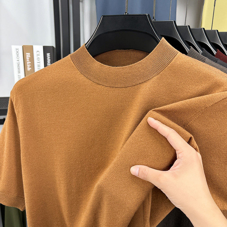 含桑蚕丝短袖羊毛t恤男士半高领秋季薄款青年纯色半袖针织衫男装