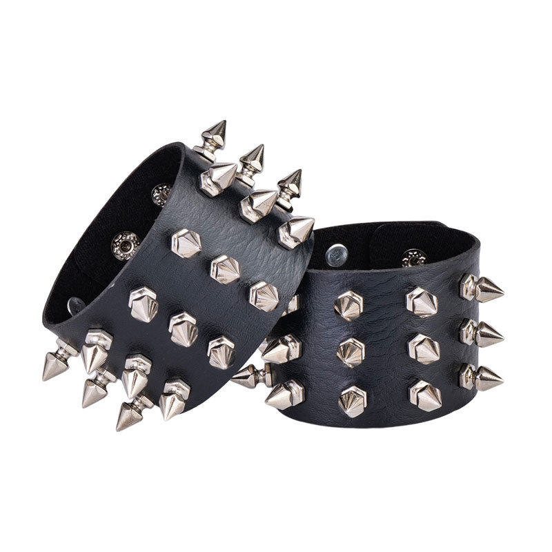 街拍朋克蹦迪夸张手镯个性铆钉三排pu皮质手链酒吧手环夜店女饰品