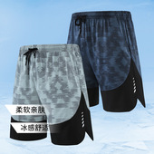 速干宽松透气跑步训练五分裤 拼色印花假两件运动篮球短裤 男