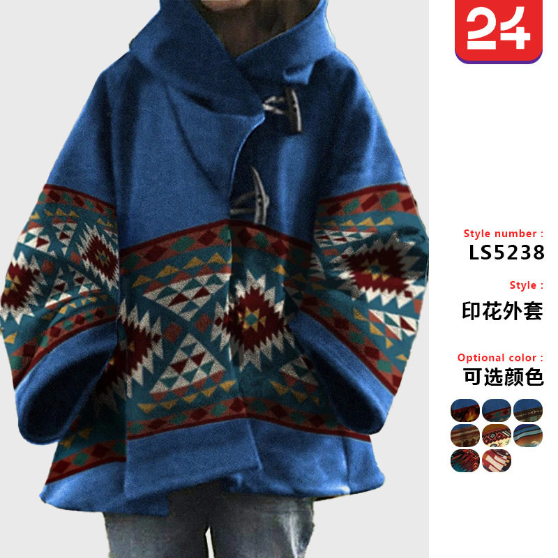 2025冬季wish亚马孙ebay秋冬新款女士宽松复古印花毛呢外套5色8码