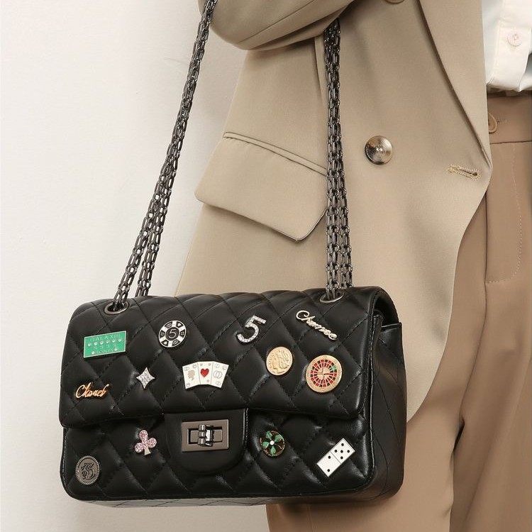 2025春春新款女包包小香风菱格链条包时尚个性字母徽章单肩斜挎包,箱包皮具/热销女包/男包,小方包,淘宝优惠券,粉丝福利购,淘宝优惠卷