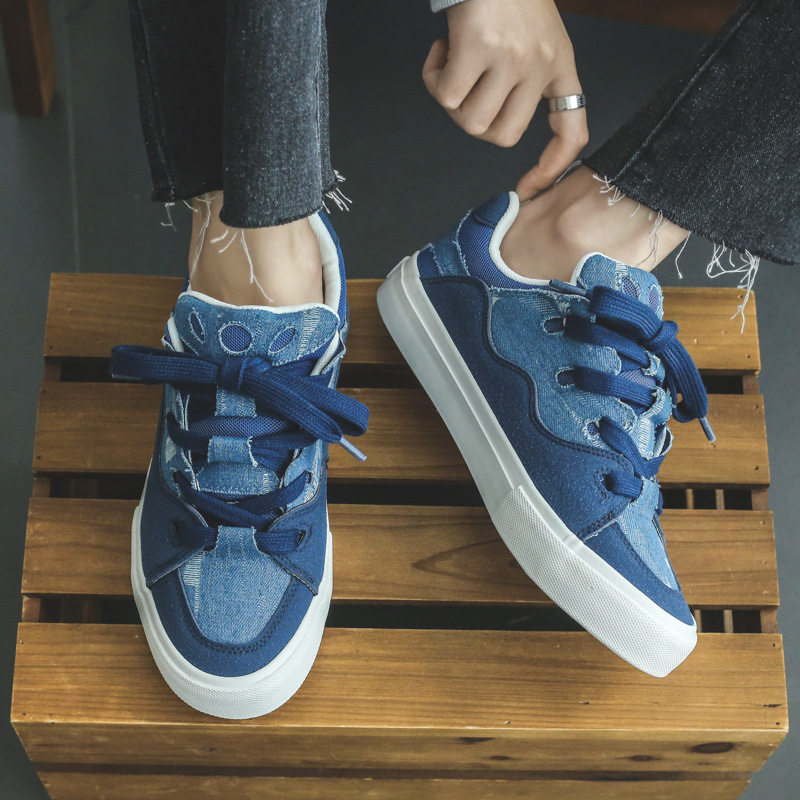 春季新款面包鞋蓝色小香风帆布鞋男拼接翻毛皮休闲情侣男女滑板鞋,流行男鞋,布鞋,淘宝优惠券,粉丝福利购,淘宝优惠卷