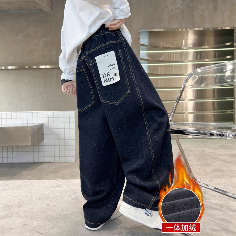 男童加绒牛仔裤子2025新款初中生一体绒加厚男孩秋冬季儿童直筒裤
