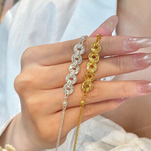 钱多多爆闪碎冰冰五帝铜钱币沙金手链招财进宝高级感轻奢小众手饰
