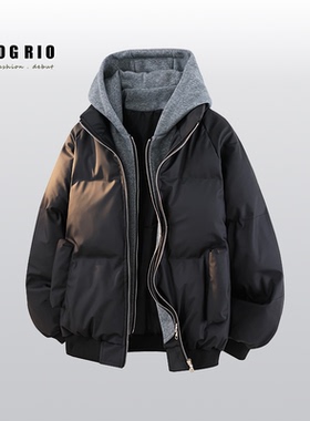 FOG RIO新款PU皮假两件男女同款冬季连帽加厚棉服宽松保暖百搭