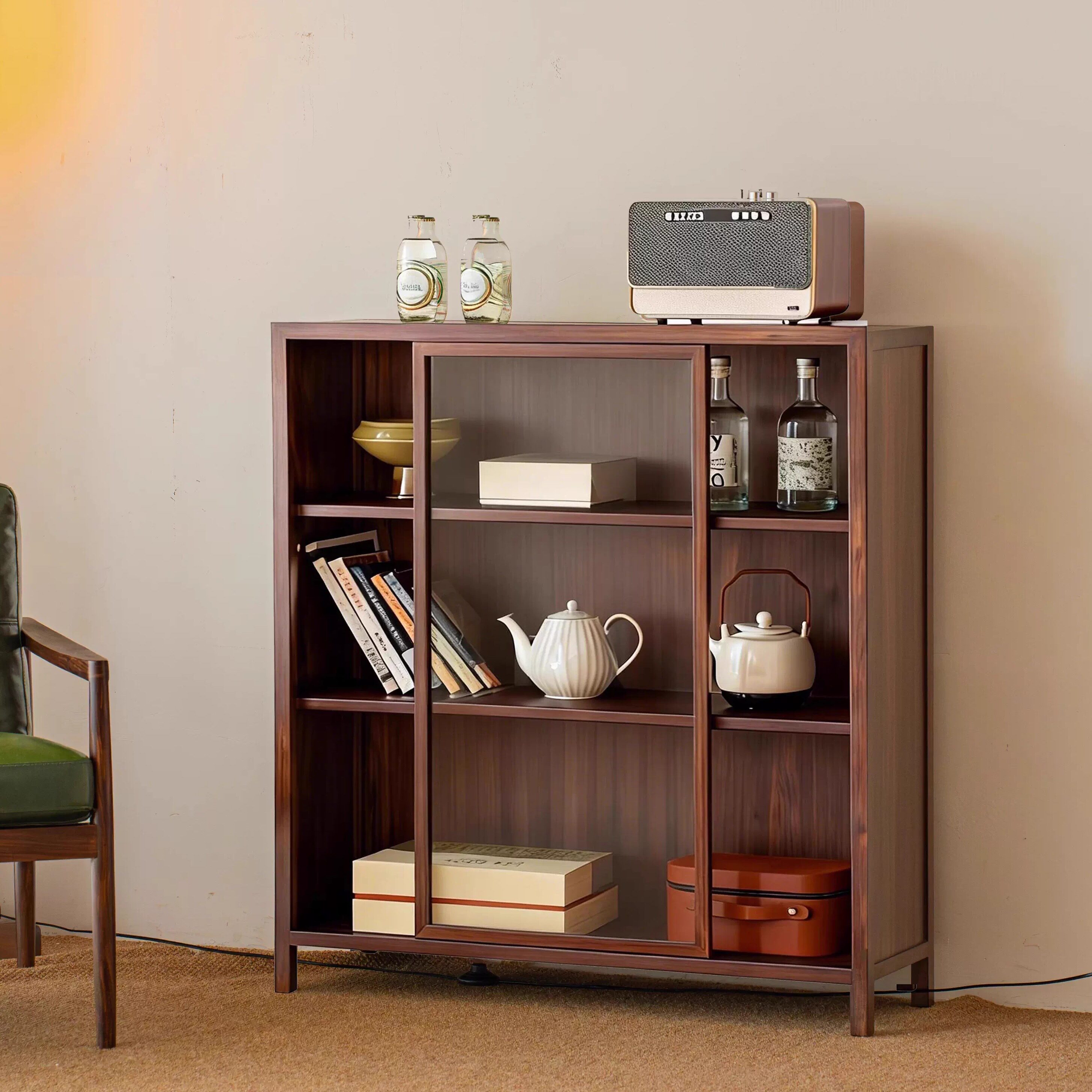 新中式多宝阁置物架博古架实木茶叶角柜展示柜收纳茶室边柜推拉门