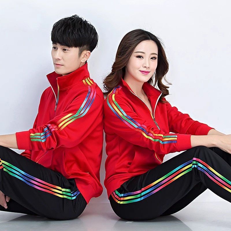 春季运动套装男女情侣两件套休闲广场舞健身操团体服红色开衫彩条