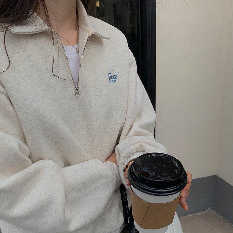 冬韩版宽松polo领拉链卫衣女慵懒风加绒长袖上衣