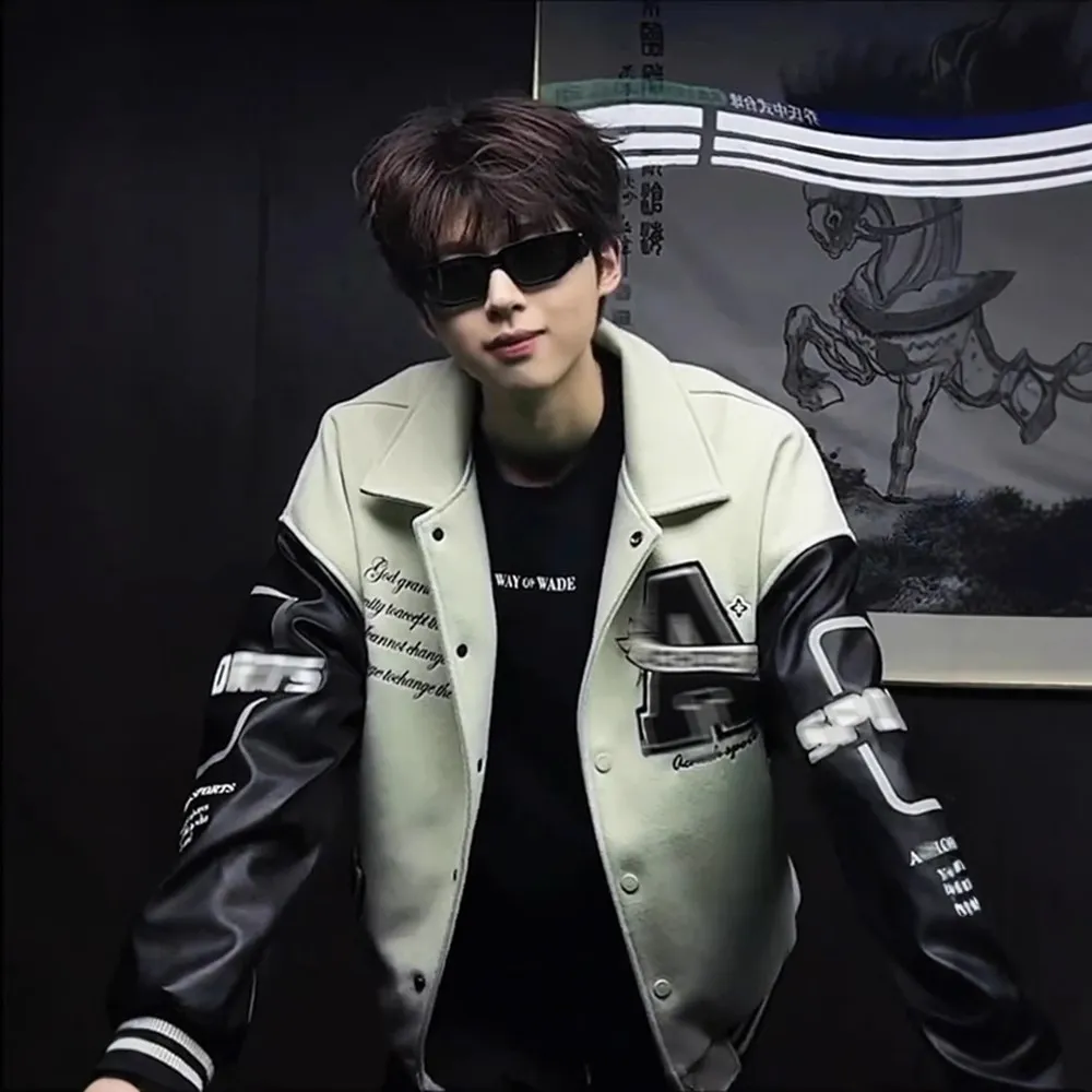 hiphop翻领刺绣棒球服男春秋高级感痞帅外套美式撞色拼接飞行夹克