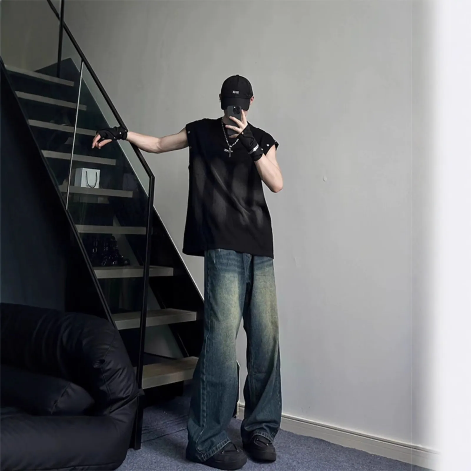 深蓝色美式复古牛仔裤男秋季高个子穿搭江浙沪裤子直筒微喇阔腿裤