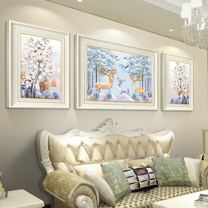简欧大气沙发背景墙装饰画客厅欧式三联画麋鹿玄关壁画现代有框画图片