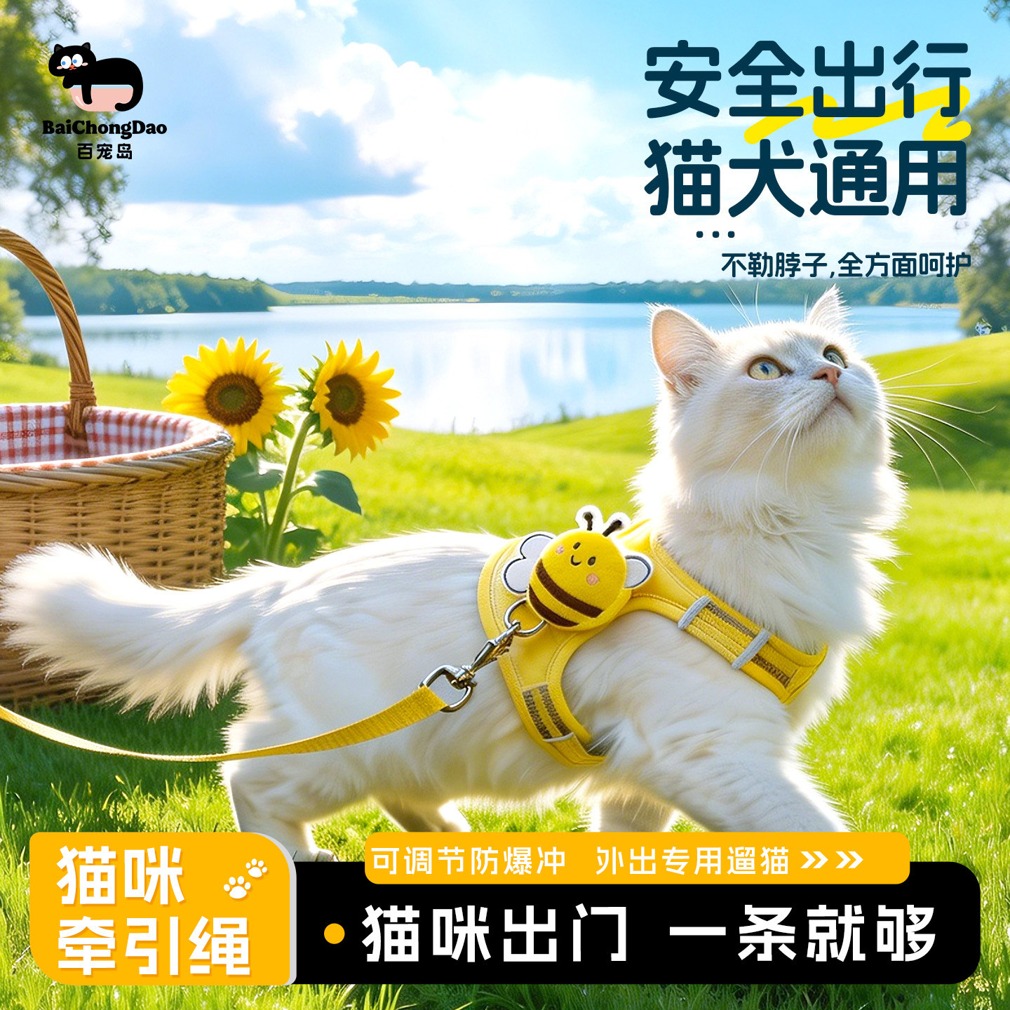 百宠岛猫咪牵引绳背心式不勒脖防挣脱胸背带可调节安全外出遛猫绳
