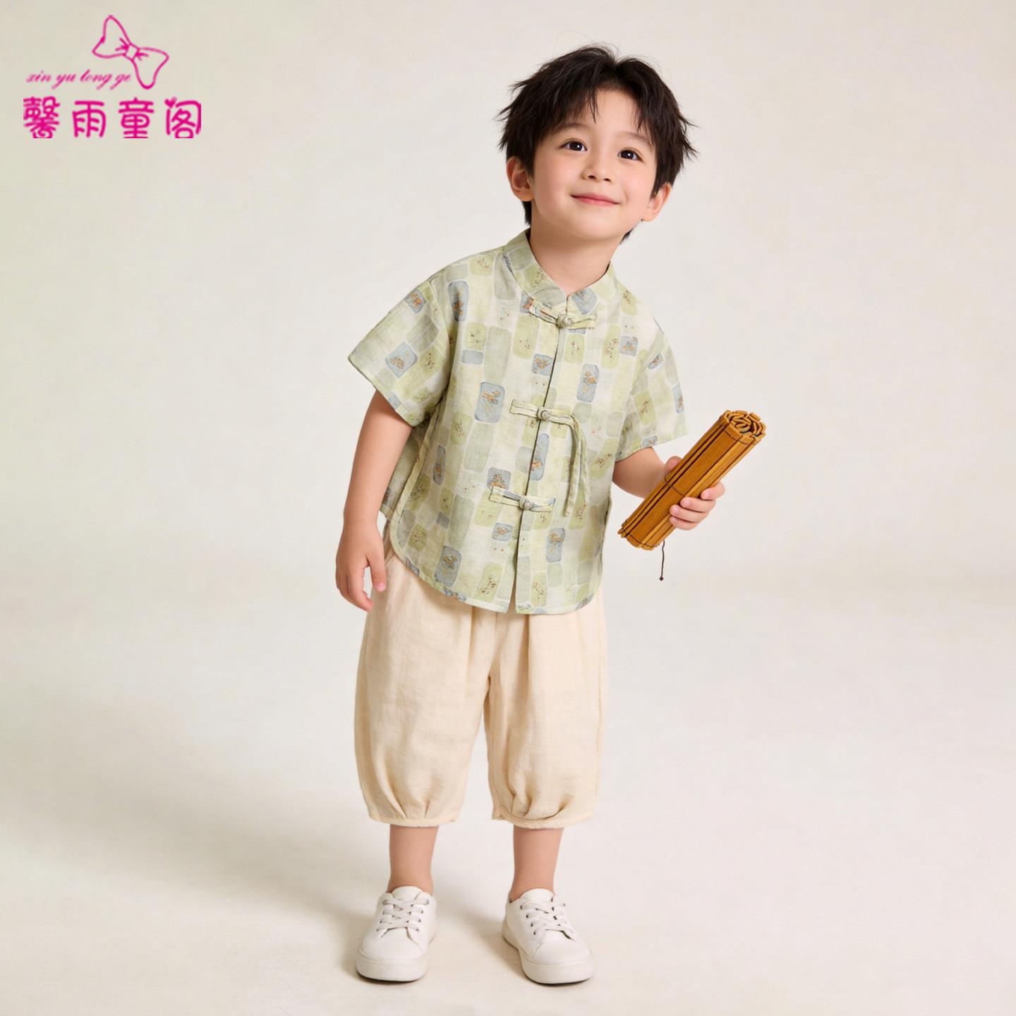 男童汉服新中式短袖套装儿童国风唐装薄款帅气小男孩夏季棉麻古装图片