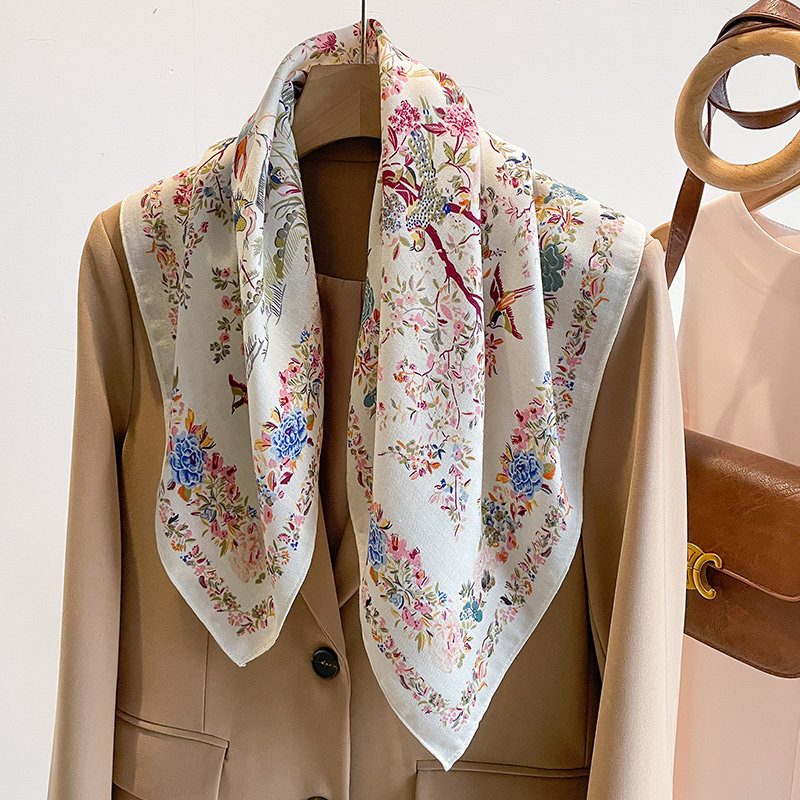 复古70cm白色碎花棉麻丝巾小方巾女春秋薄款围巾亚麻领巾头巾百搭