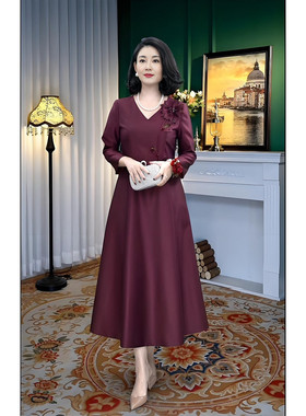 春夏高端婚宴妈妈装小V领礼服高贵连衣裙新款优雅长裙显瘦喜服裙